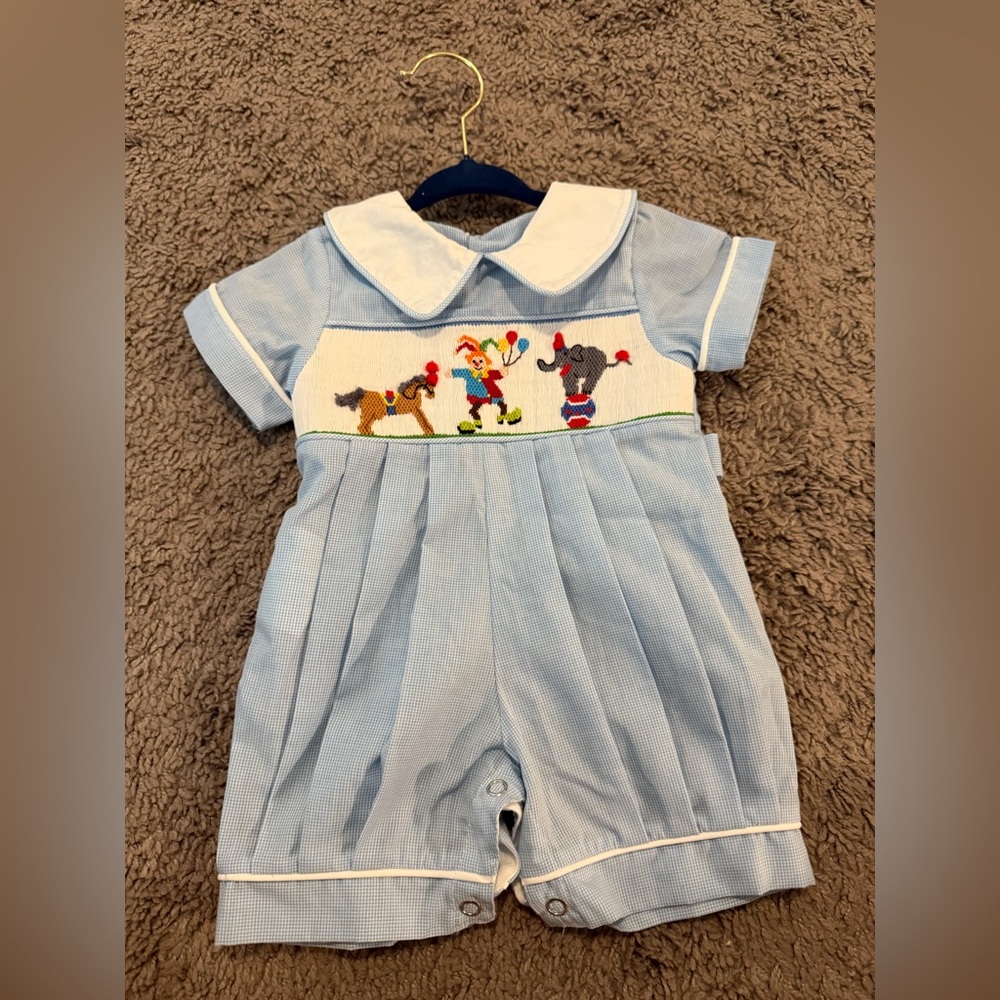 Smocked Blue Baby Romper with Circus Characters